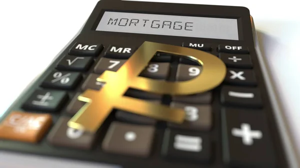 MORTGAGE tekst op rekenmachine display en roebel geld symbool. Financieel concept. 3d destructie — Stockfoto