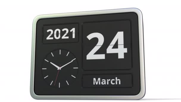 25 marca data w kalendarzu retro flip clock, animacja 3D — Wideo stockowe