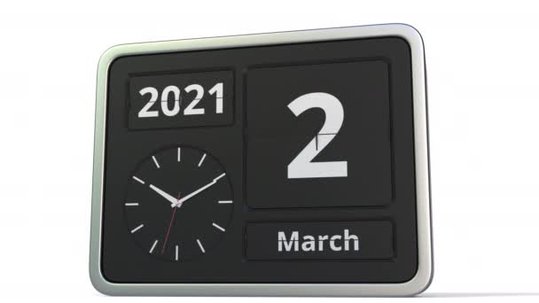Março 3 data no calendário do relógio flip, animação 3d — Vídeo de Stock