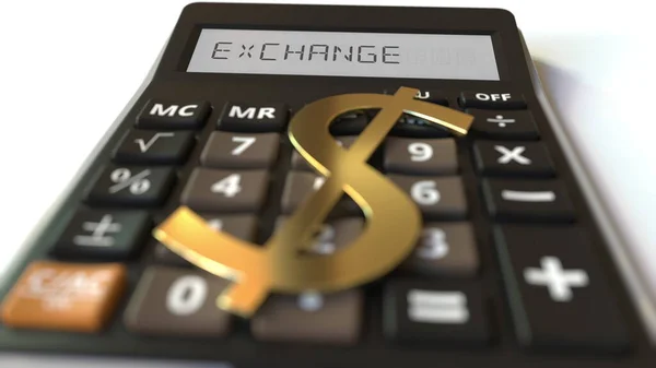 Symbol dolarových peněz na klávesách a text EXCHANGE na displeji kalkulačky, konceptuální 3D vykreslování — Stock fotografie