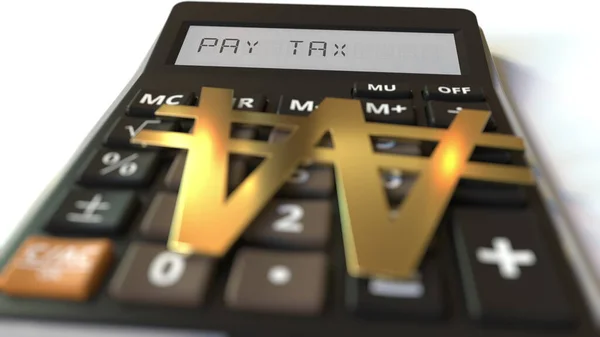 Won money symbol on the keys and PAY TAX text on calculator display, conceptual 3d rendering — Stock Photo, Image