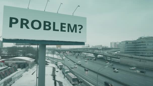 Luftaufnahme einer Werbetafel mit PROBLEM-Frage an der Stadtautobahn im Winter — Stockvideo