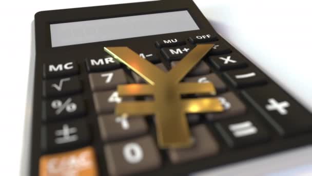 Yen money symbol on the keys and BUY text on calculator display, conceptual 3d animation — 图库视频影像