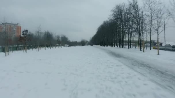 公園のパス上に雪のプロウとスイーパーとトラクターの低高度空中ビュー。モスクワロシア — ストック動画