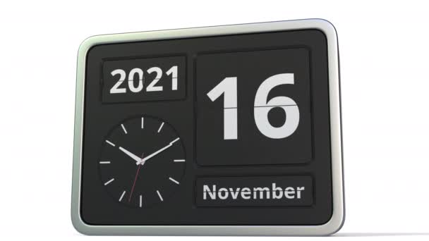 17 november datum op de flip clock kalender, 3d animatie — Stockvideo