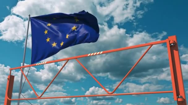 Az Európai Unió zászlaja és lengőkar-korlát. Nevezési tilalom koncepció 3D animáció — Stock videók