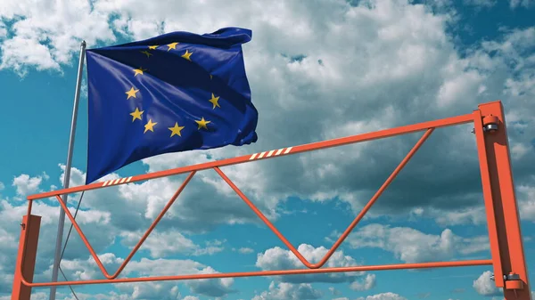 Bandera de la Unión Europea y barrera de brazo oscilante. Entrada prohibición conceptual 3d rendering — Foto de Stock