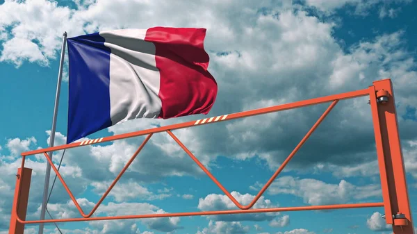Manual swing arm road barrier and flag of France. Restricted entry related 3d rendering — Stock Photo, Image
