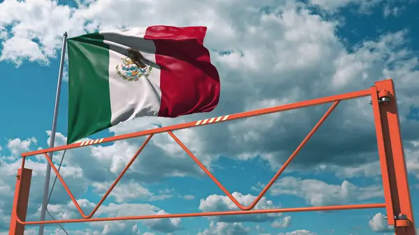 Manual swing arm road barrier and flag of Mexico. Restricted entry related 3d rendering — Stock Photo, Image