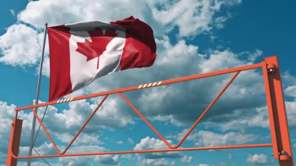 Flag of Canada and swing arm barrier. Entry ban conceptual 3d animation — Stock Video