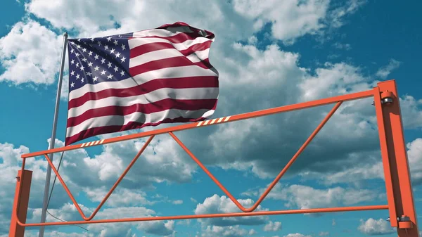 Swing arm road barrier and flag of the USA, entry ban related 3d rendering — Stock Photo, Image