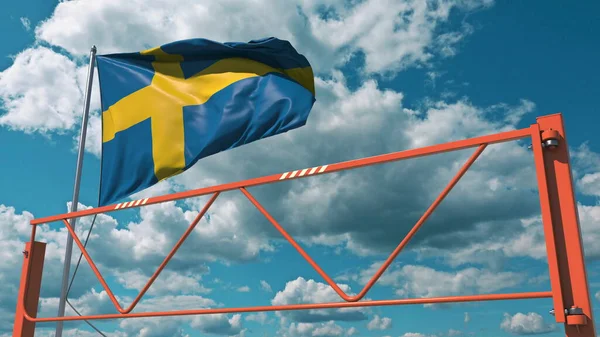 Manuell svängarmsbarriär och Sveriges flagga. Begränsad inresa i samband med 3d-konvertering — Stockfoto