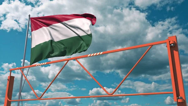 Flag of Hungary and swing arm barrier. Entry ban conceptual 3d rendering — Stock Photo, Image
