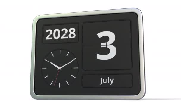 4 Ιουλίου 2028 ημερομηνία στο ημερολόγιο ρολόι αναστροφή, 3d animation — Αρχείο Βίντεο