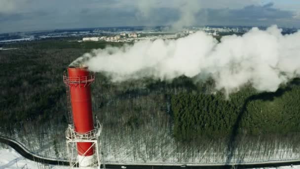 Luchtfoto van een vervuilende industriële schoorsteen op bosachtergrond in de winter — Stockvideo