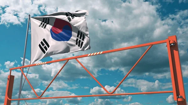 Flag of South Korea and swing arm barrier. Entry ban conceptual 3d rendering — Stock Photo, Image