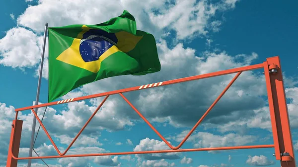 Barrera de carretera con brazo oscilante y bandera de Brasil, prohibición de entrada relacionada con la representación 3d — Foto de Stock