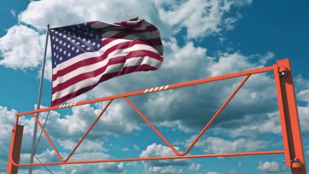 Swing βραχίονα εμπόδιο δρόμο και σημαία των ΗΠΑ, απαγόρευση εισόδου που σχετίζονται με 3d animation — Αρχείο Βίντεο