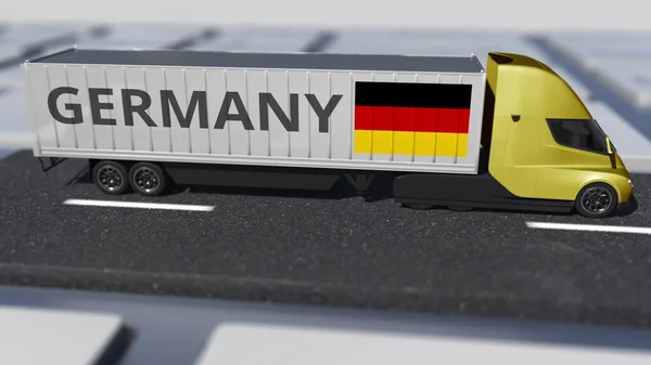 Drapeau de l'Allemagne sur camion mobile et clavier d'ordinateur. Rendu 3d lié au transport international — Photo