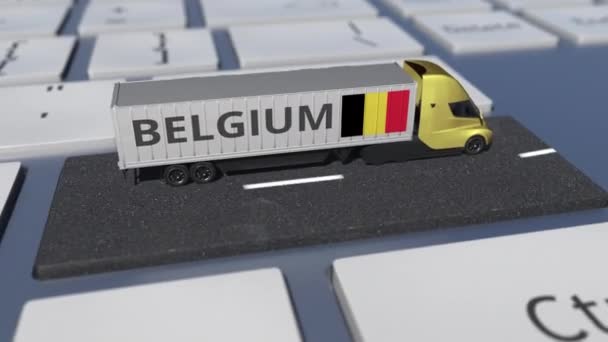 Camion avec drapeau de la Belgique se déplace sur la touche clavier. Exporter ou importer une animation 3D liée à la boucle — Video