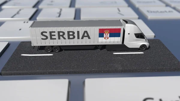 Σημαία της Σερβίας για μετακίνηση φορτηγού και πληκτρολογίου υπολογιστή. Διεθνής ναυτιλία 3d απόδοση — Φωτογραφία Αρχείου