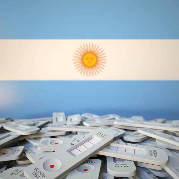 COVID-19 - швидкі випробування антигену та прапора Аргентини. Пандемічний концептуальний 3D-рендеринг — стокове фото