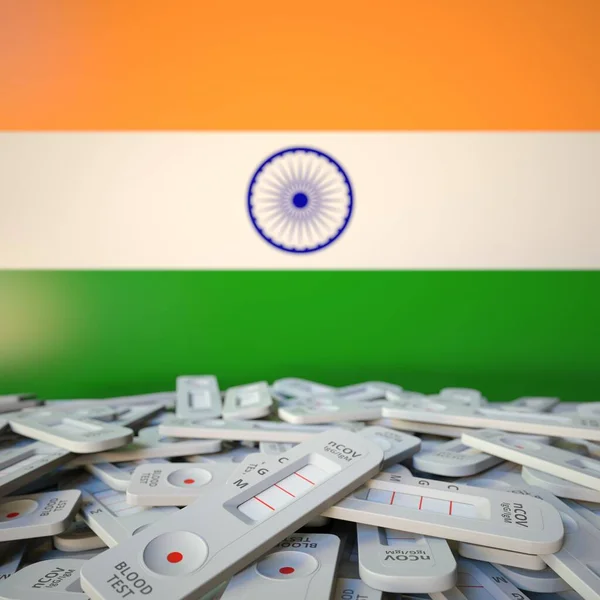 Bandeira nacional da Índia e múltiplos testes de antígeno coronavírus, saúde pública conceitual renderização 3D — Fotografia de Stock