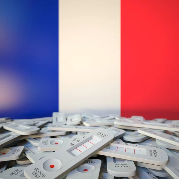 Εθνική σημαία της Γαλλίας και πολλαπλές δοκιμές antigen coronavirus, δημόσια υγεία εννοιολογική 3D απόδοση — Φωτογραφία Αρχείου