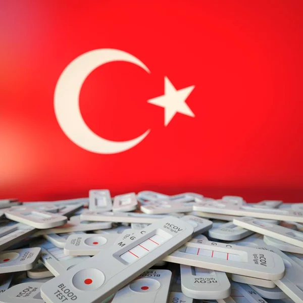 Nationalflagge der Türkei und mehrere Coronavirus-Antigen-Tests, konzeptionelle 3D-Darstellung der öffentlichen Gesundheit — Stockfoto