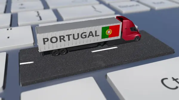 Bandeira de Portugal em movimento caminhão e teclado do computador. Transporte internacional relacionado com a renderização 3d — Fotografia de Stock
