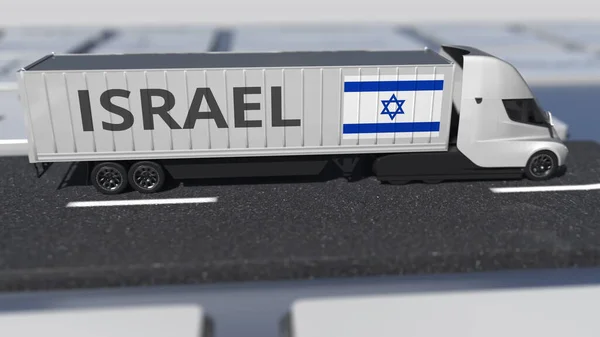 Bandeira de Israel em movimento caminhão e teclado do computador. Transporte internacional relacionado com a renderização 3d — Fotografia de Stock