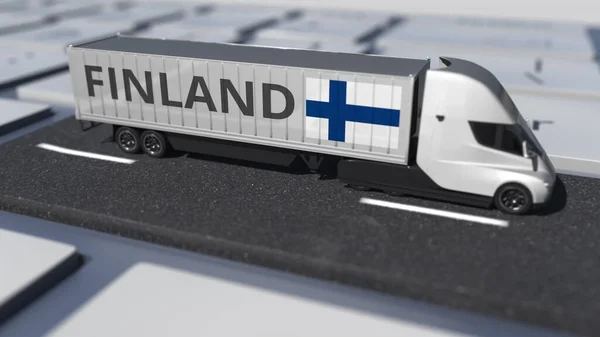 Vrachtwagen met vlag van Finland beweegt op de toetsenbord toets. Uitvoer- of invoergerelateerde 3d-destructie — Stockfoto