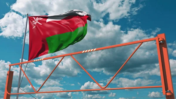 Ręczna zapora skrzydłowa i flaga Omanu. Ograniczony wpis związany z renderowaniem 3d — Zdjęcie stockowe