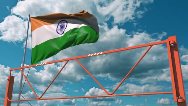 Качающийся ручной дорожный барьер и флаг Индии, запрет на въезд, связанный с 3D анимацией — стоковое видео