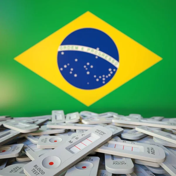 Coronavirus snelle antigeen testen en vlag van Brazilië. Pandemisch concept 3D rendering — Stockfoto