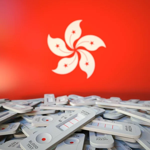 Bandiera nazionale di Hong kong e test multipli dell'antigene coronavirus, rendering 3D concettuale della salute pubblica — Foto Stock