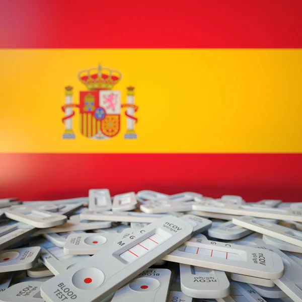 Bandeira da Espanha e testes de antígeno COVID-19 descartados, surto de coronavírus renderização 3D conceitual — Fotografia de Stock