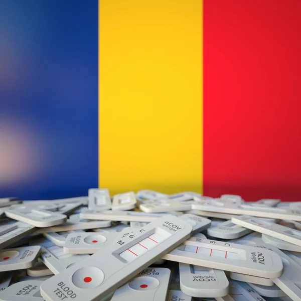 National flag of Romania and multiple coronavirus antigen tests, Public health concept 3D-рендеринг — стокове фото