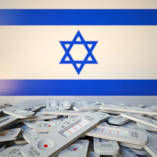 Εθνική σημαία του Ισραήλ και πολλαπλές δοκιμές antigen coronavirus, δημόσια υγεία εννοιολογική 3D απόδοση — Φωτογραφία Αρχείου