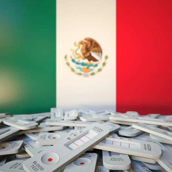 Ταχείες δοκιμές αντιγόνων και σημαία Μεξικού. Πανδημική έννοια 3D απόδοση — Φωτογραφία Αρχείου