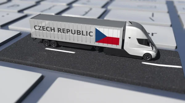 Прапор Чехії про переміщення вантажівки і комп'ютерної клавіатури. Міжнародні перевезення пов'язані 3d рендеринга — стокове фото