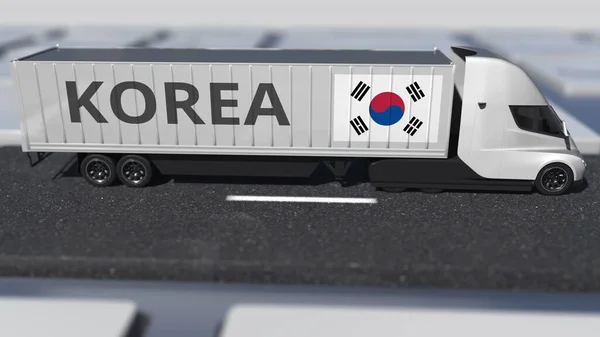 Truck with flag of Korea moves on the keyboard key. Export or import related 3d rendering — Stock Photo, Image