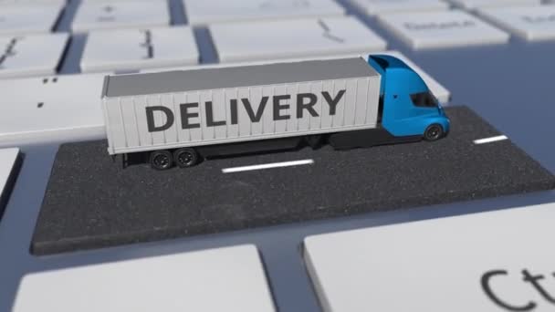 DELIVERY text on the truck driving on the keyboard key. Conceptual looping 3d animation — Stock Video