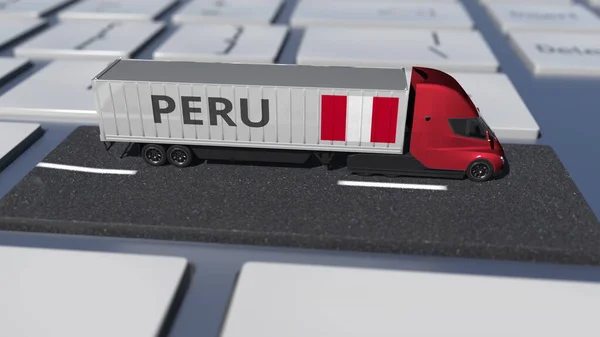 Bandera de Perú en movimiento camión y teclado de la computadora. Entrega en 3D relacionada con el envío internacional —  Fotos de Stock