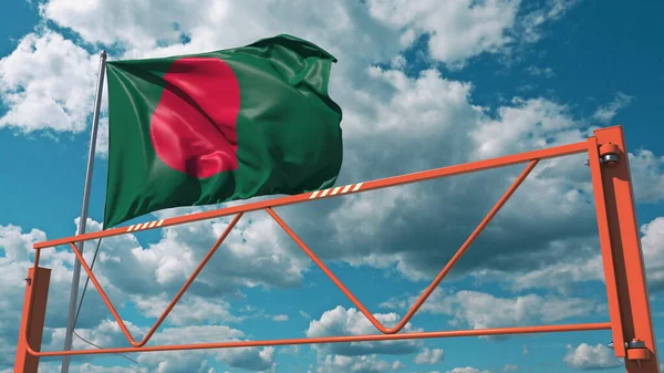 Swing arm road barrier and flag of Bangladesh, entry ban related 3d rendering — стокове фото