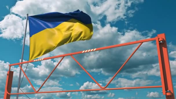 Manual swing arm road barrier and flag of Ukraine. Restricted entry related 3d animation — Stock Video