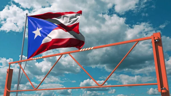 Flag of Puerto Rico and swing arm barrier. Entry ban conceptual 3d rendering — Stock Photo, Image