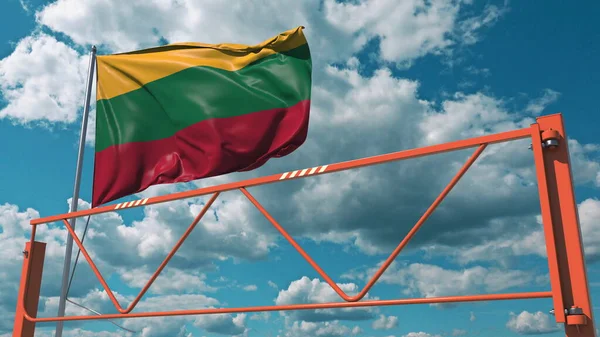 Kézi lengőkaros közúti akadály és Litvánia lobogója. Korlátozott belépéssel kapcsolatos 3d tetemeltakarítás — Stock Fotó