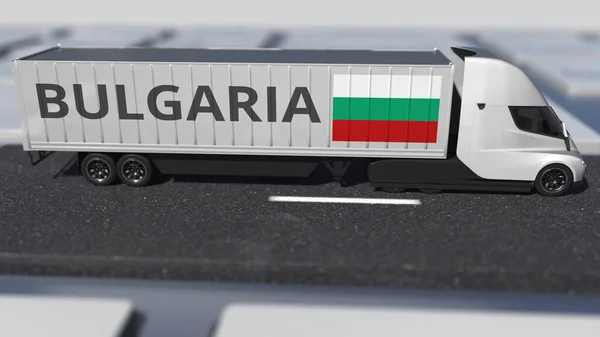 移動トラックとコンピュータキーボード上のブルガリアの旗。国際配送関連3Dレンダリング — ストック写真