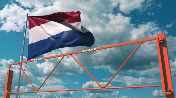 Handmatige slagarm wegversperring en vlag van Nederland. Beperkte toegang met betrekking tot 3d-rendering — Stockfoto